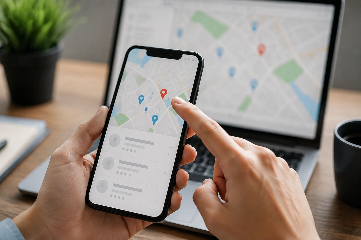 Un smartphone avec des résultats de recherche locaux, une main montrant l'épingle du haut