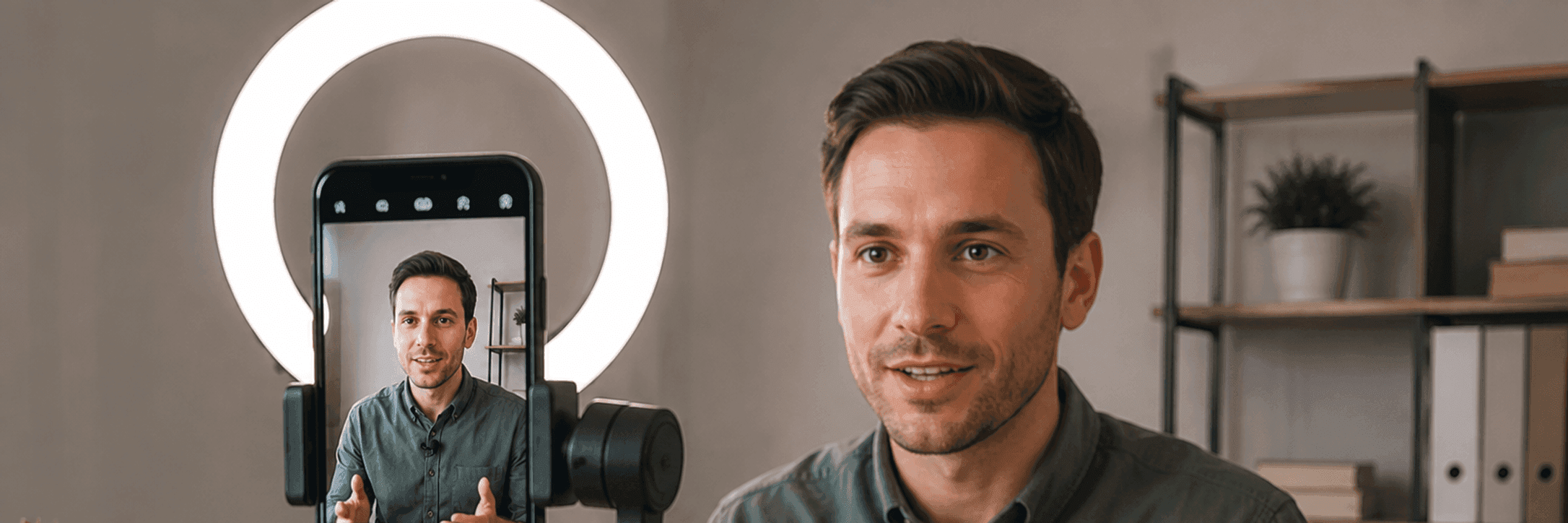 Un téléphone sur stabilisateur filme une personne avec un micro-cravate, cadrage vertical.