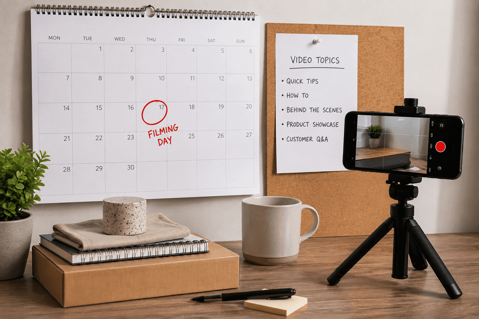 Un calendrier avec le jour de tournage marqué, près d'un trépied téléphone prêt et d'une liste de sujets.