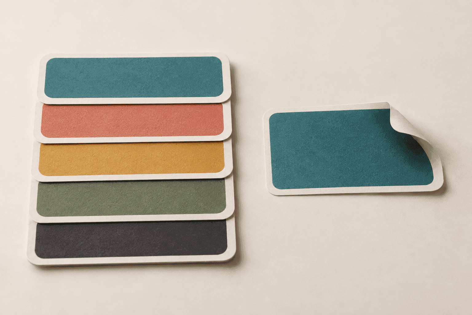 A fanned stack of five cards beside a single card with a folded corner notch