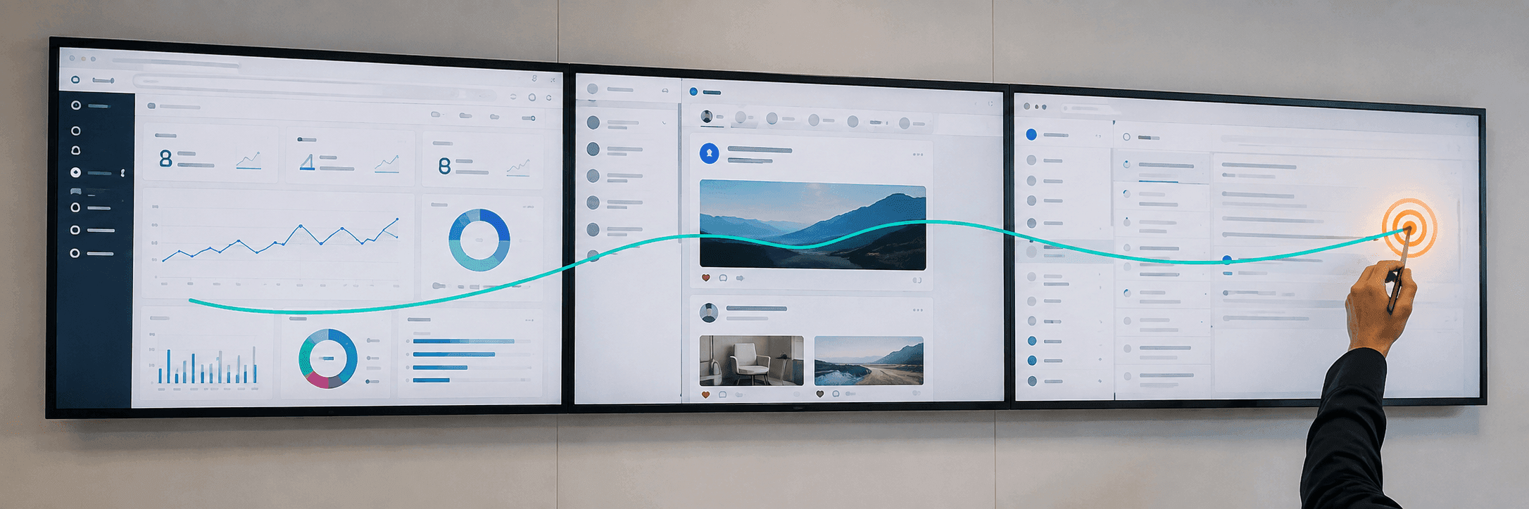 Three separate marketing-channel screens joined by one line toward a shared target