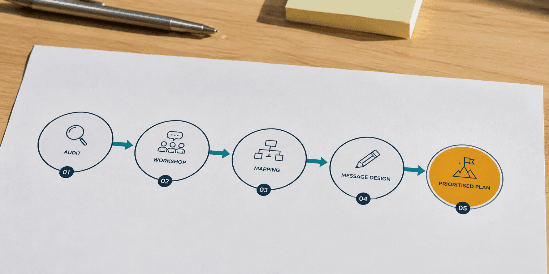 A five-step process diagram: audit, workshop, mapping, message design, prioritised plan