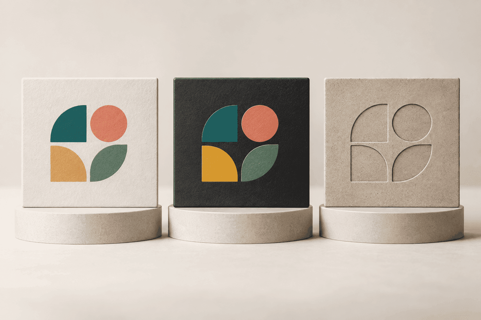 Three tall cards — light, dark and light — each carrying the same mark in a different treatment