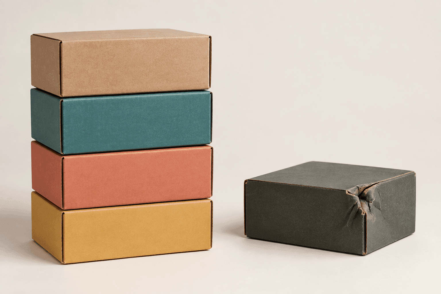 Une pile de quatre boîtes identiques à côté d'une boîte avec une tache de maquette sombre
