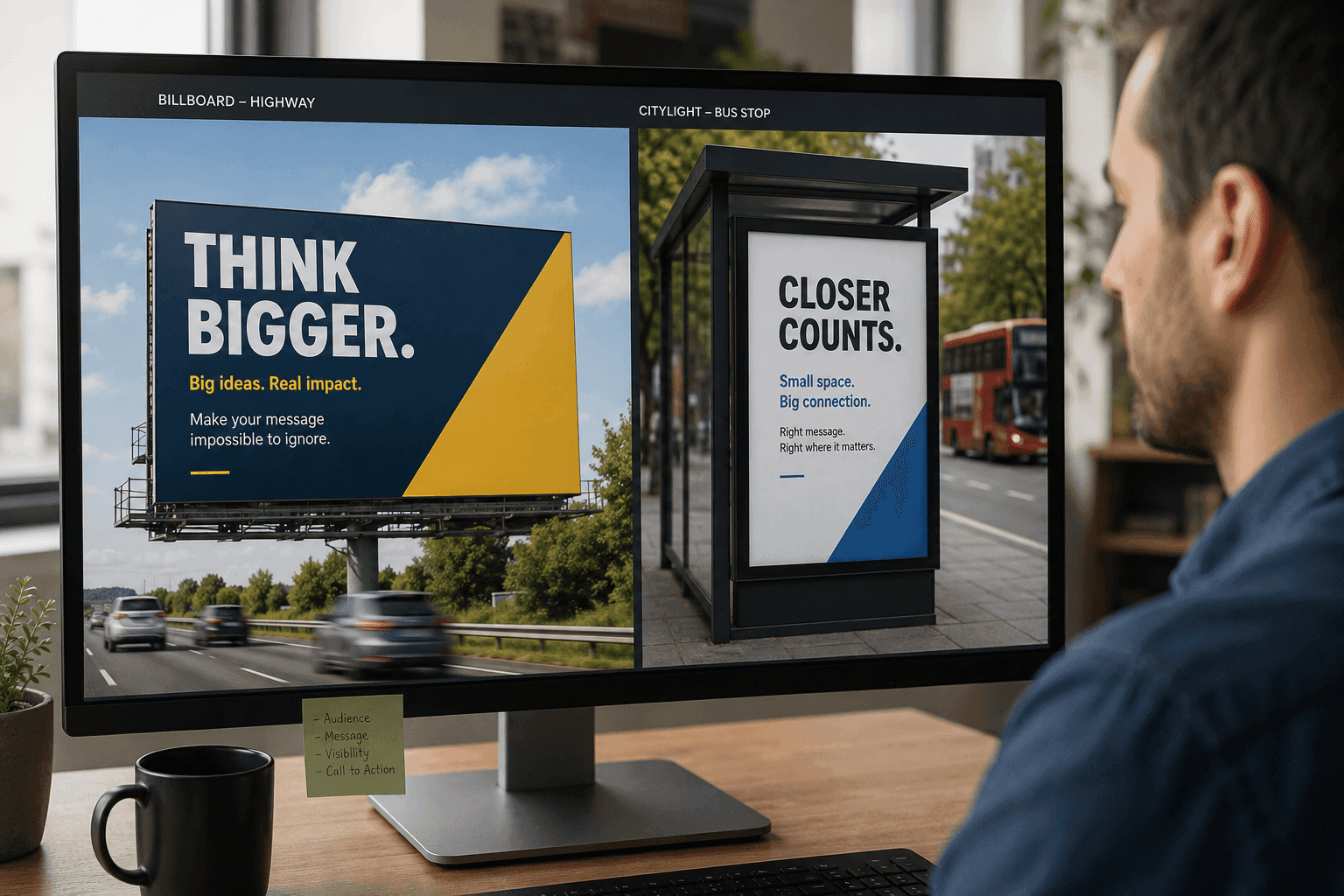 A screen showing two ad designs — a large highway billboard and a smaller citylight panel.