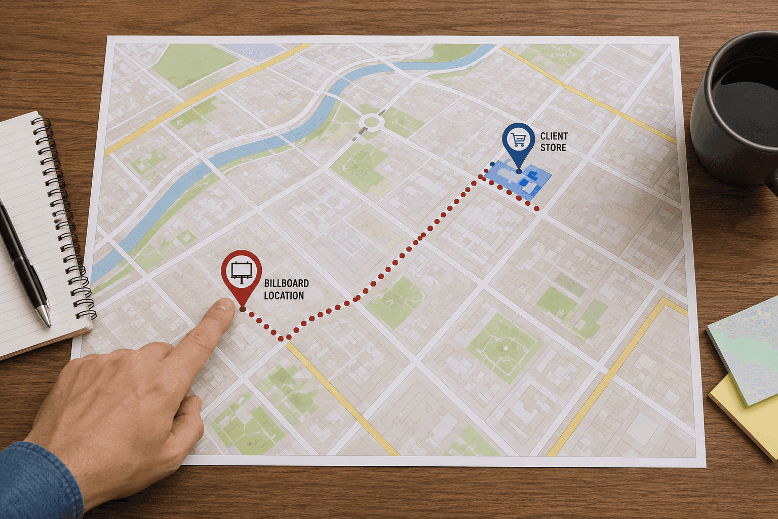 A map marking the billboard location close to the client's store, with the route between them.