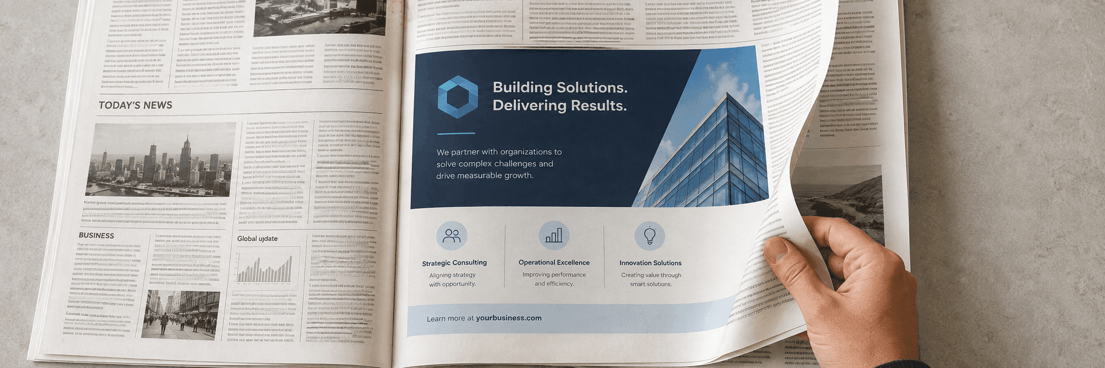 An open newspaper with a professional ad module set among columns of editorial text.