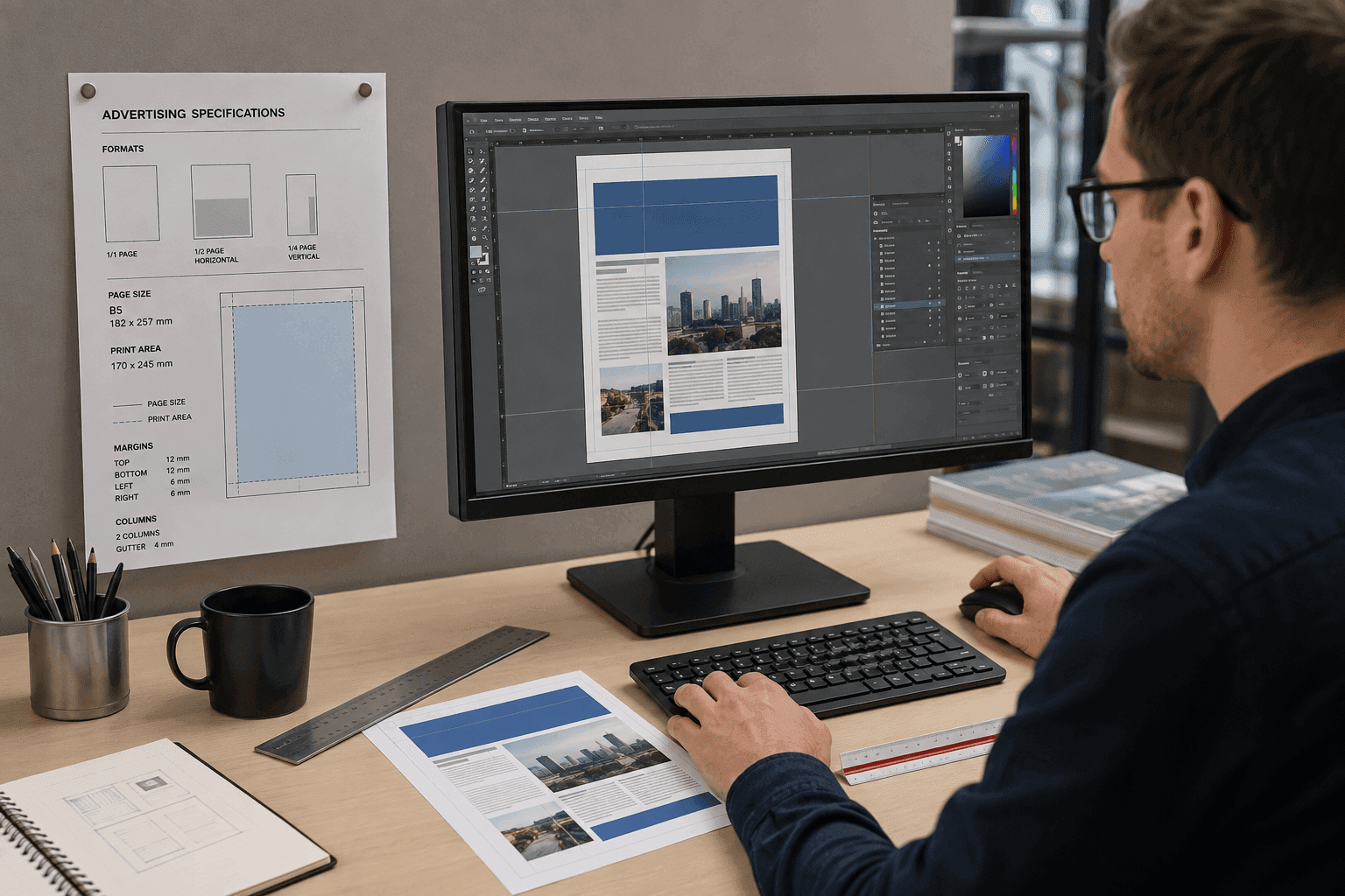 A designer works on a press ad next to a sheet of the publisher's technical specifications.