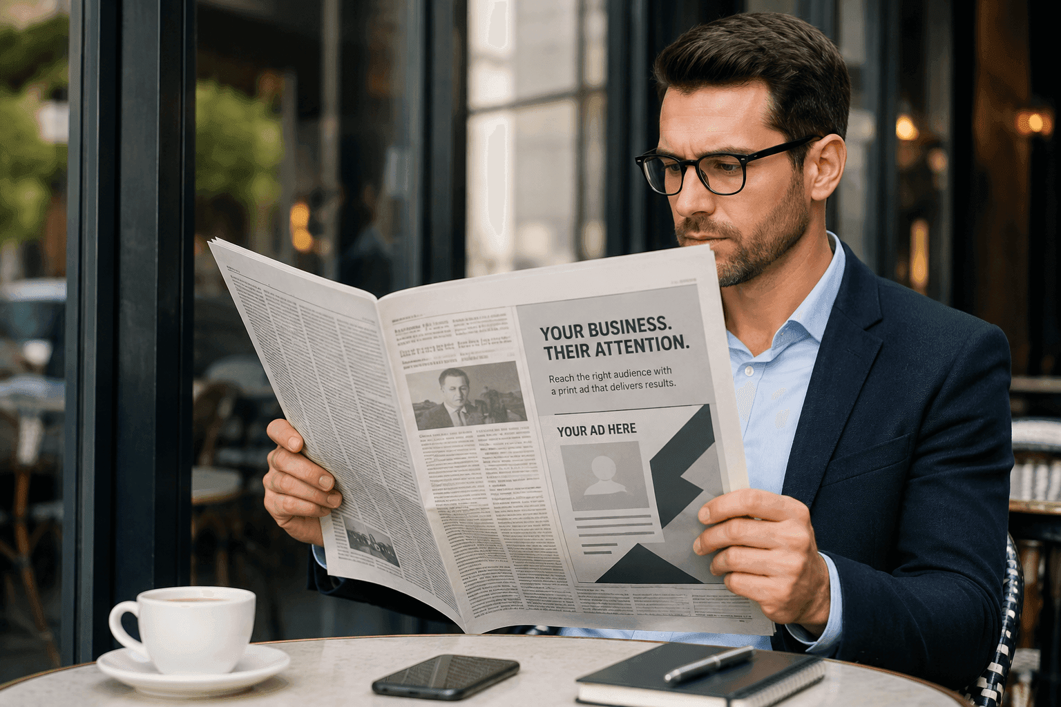 A reader from the target audience holds a newspaper open on the page with the company's ad.