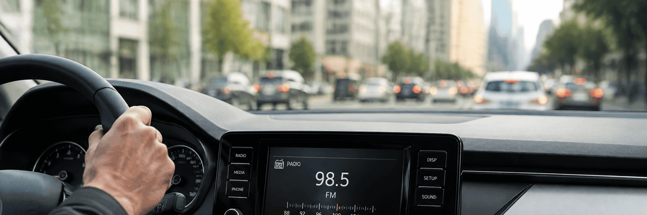 A car radio display showing a station name, with the driver's hand on the wheel behind it.