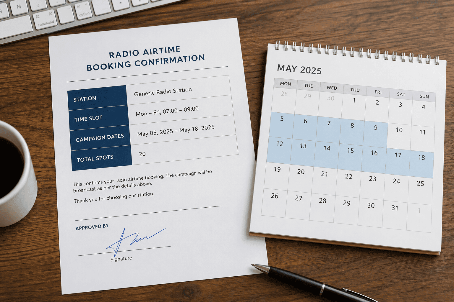 An airtime booking confirmation with station, time slot, and signature next to a calendar.