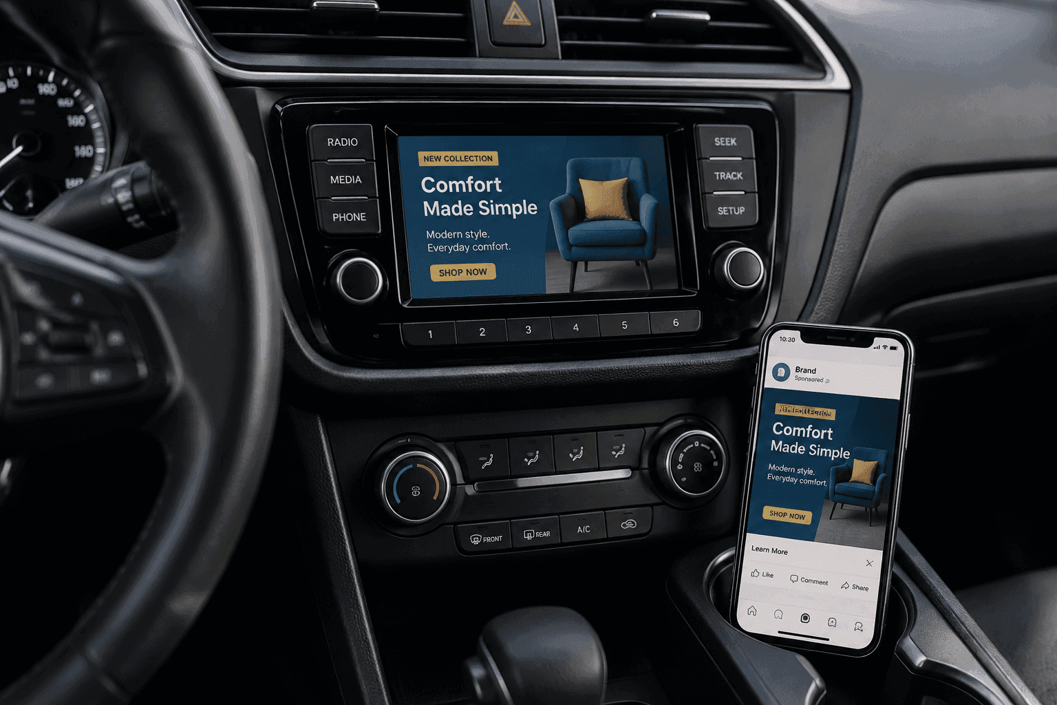 A car radio playing an ad next to a phone showing the same campaign on social media.