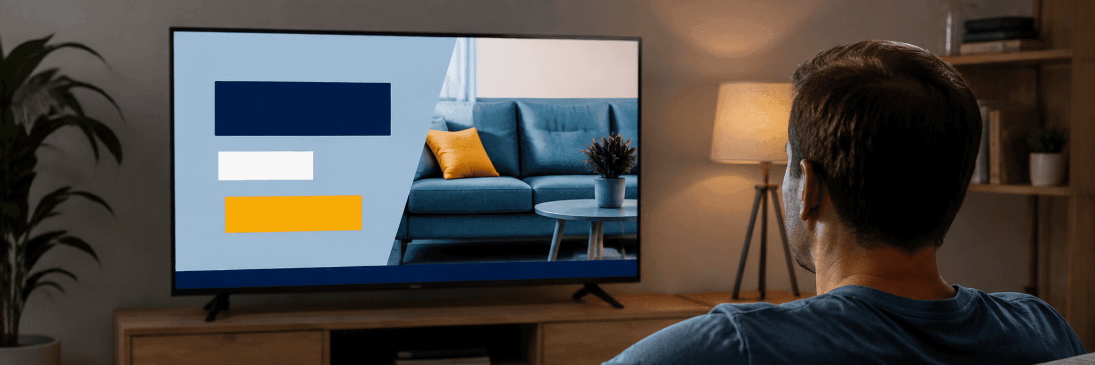 A living-room television airing a commercial, with a viewer watching from the sofa.