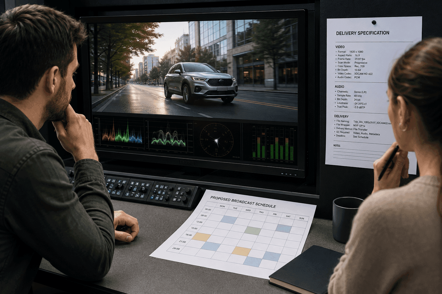 A production team reviews the finished spot on a monitor next to the TV station's requirements.