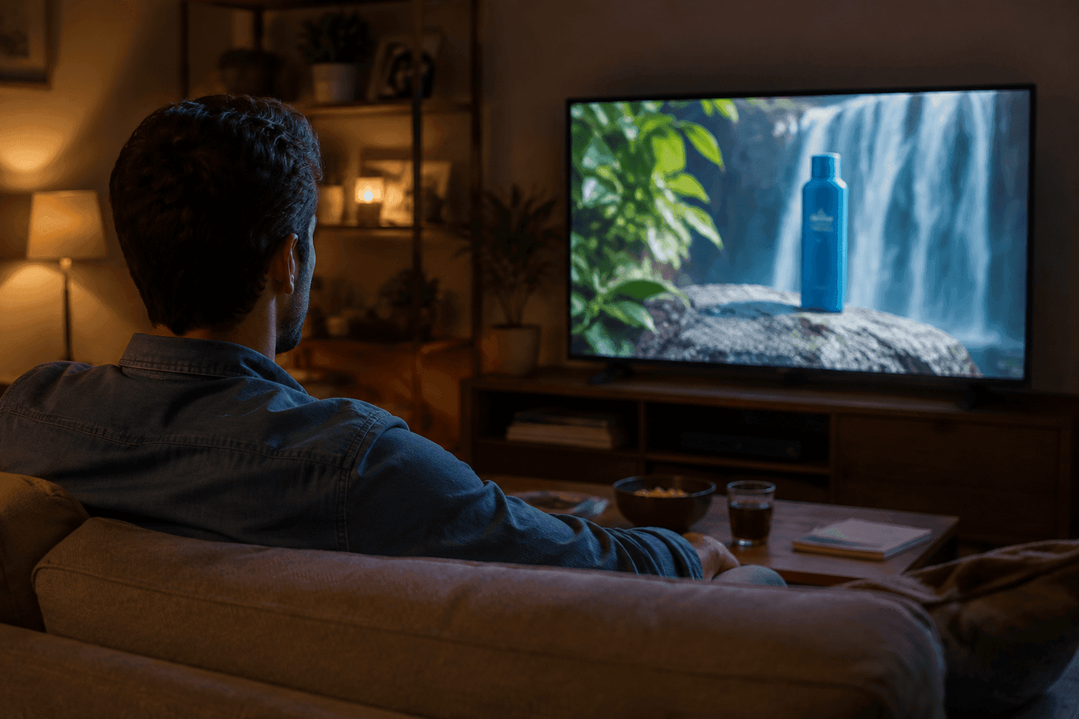 A viewer from the target audience watches the company's TV spot at home in the evening.