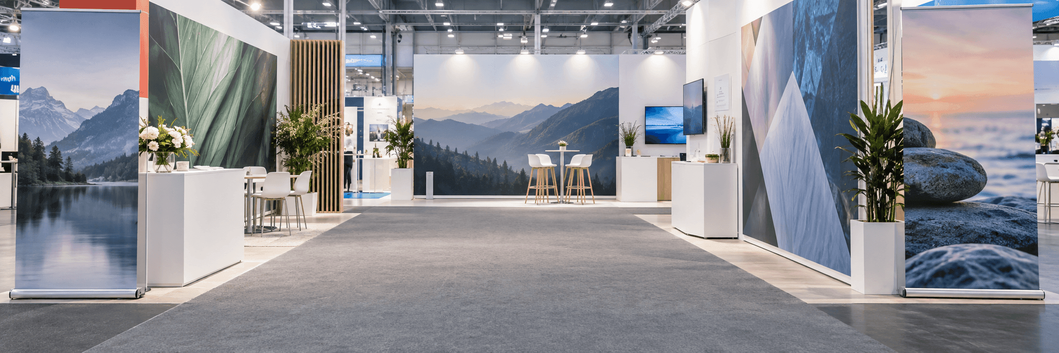 A trade fair booth with panels on either side and a clear walkway