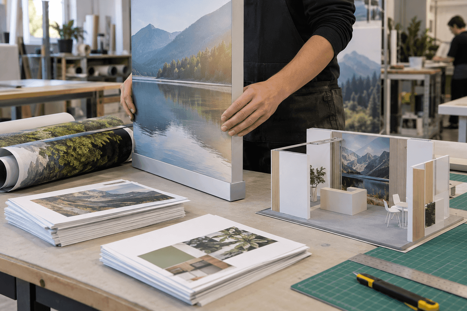 Hands arranging a stand panel beside a small booth layout model