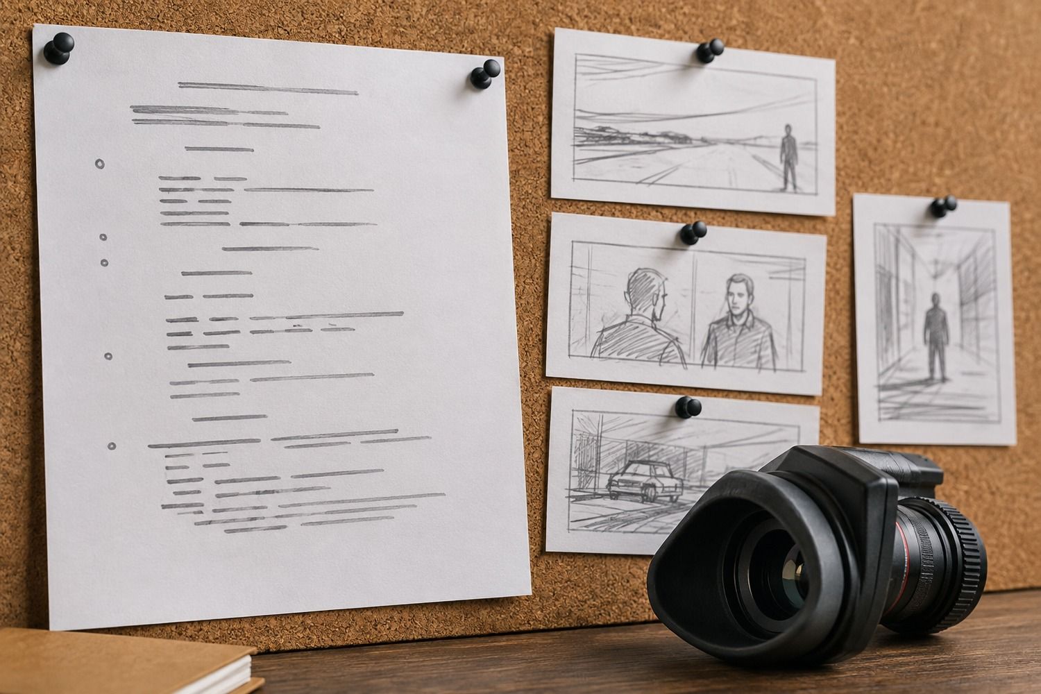 Un extrait de scénario épinglé sur un tableau à côté de croquis de storyboard