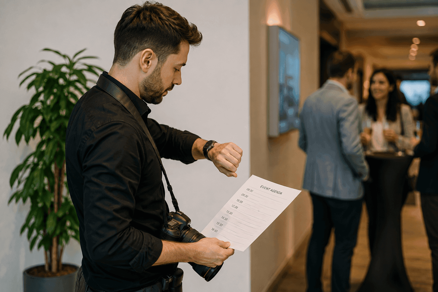 A photographer holds the event agenda and checks the time, ready with a camera around his neck.