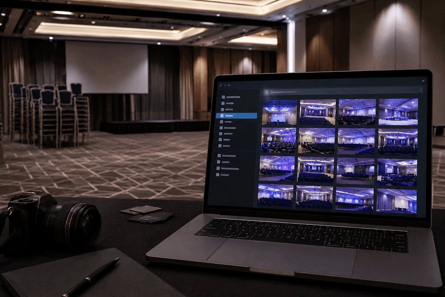 An empty room after the event next to a laptop with a folder of finished photos from it.