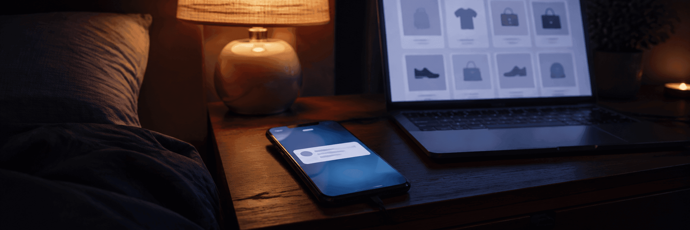 A phone on a nightstand lit up with an order notification, a laptop showing a product catalogue in the background