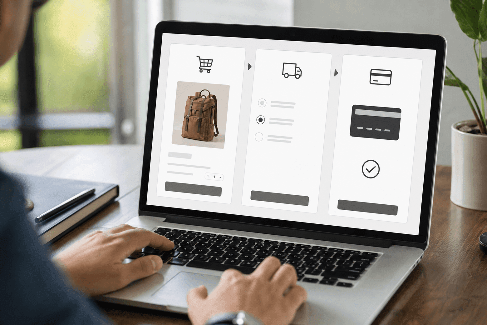 A laptop screen showing three sequential order steps — cart, delivery and payment — beside a product photo