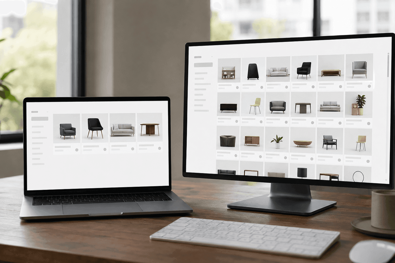 A small product catalogue on a laptop screen next to a much larger one on a big monitor
