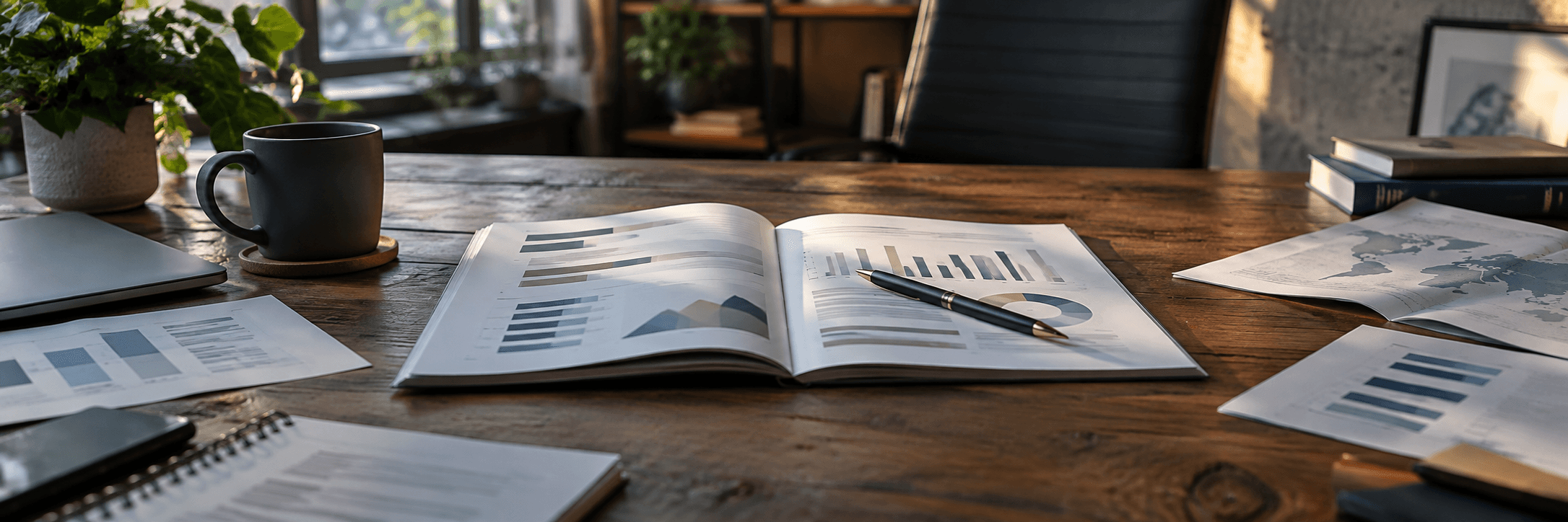 An open strategy document at the centre, with scattered pages converging toward it