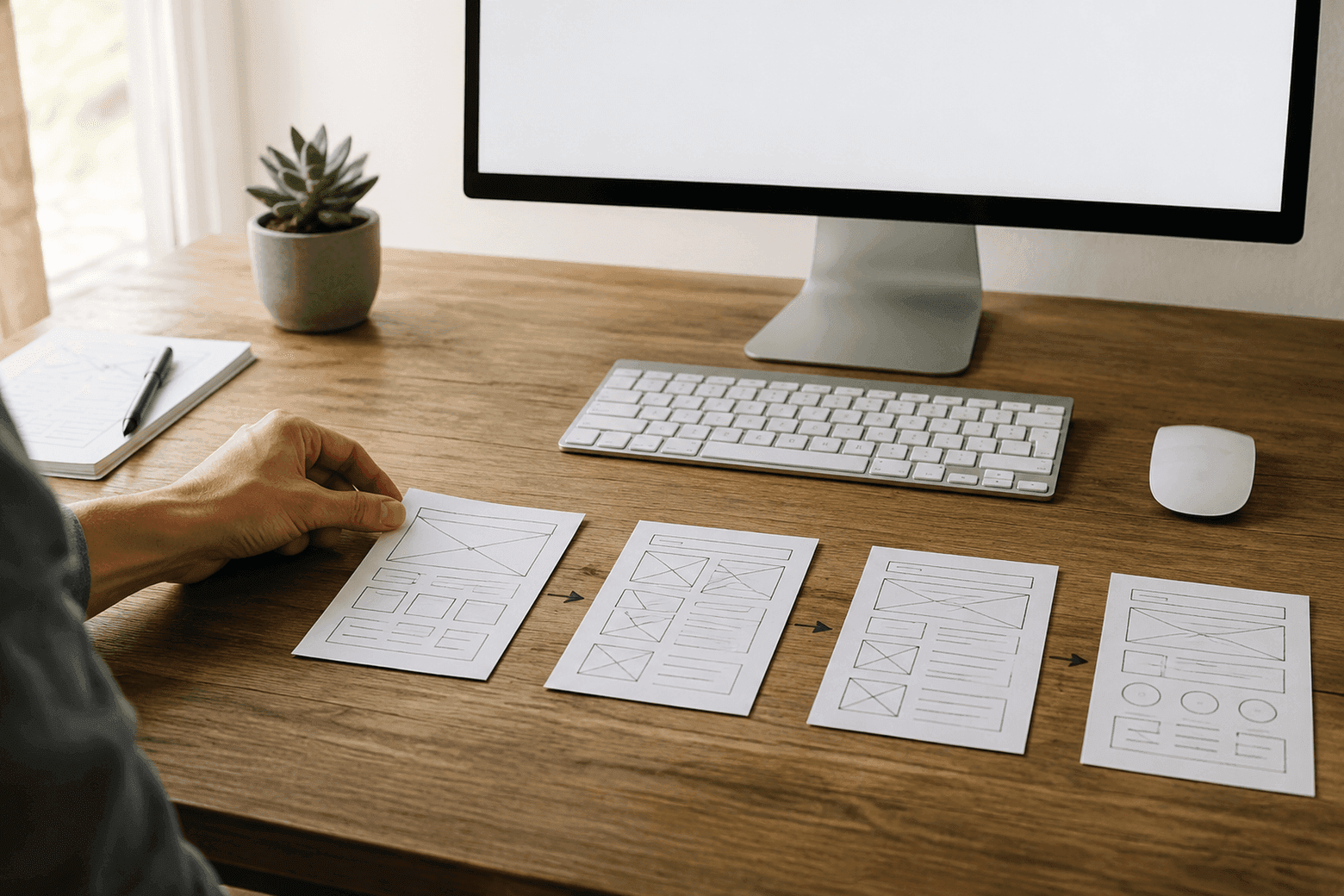 A hand arranges four paper page sketches in a row, connected by arrows showing their order