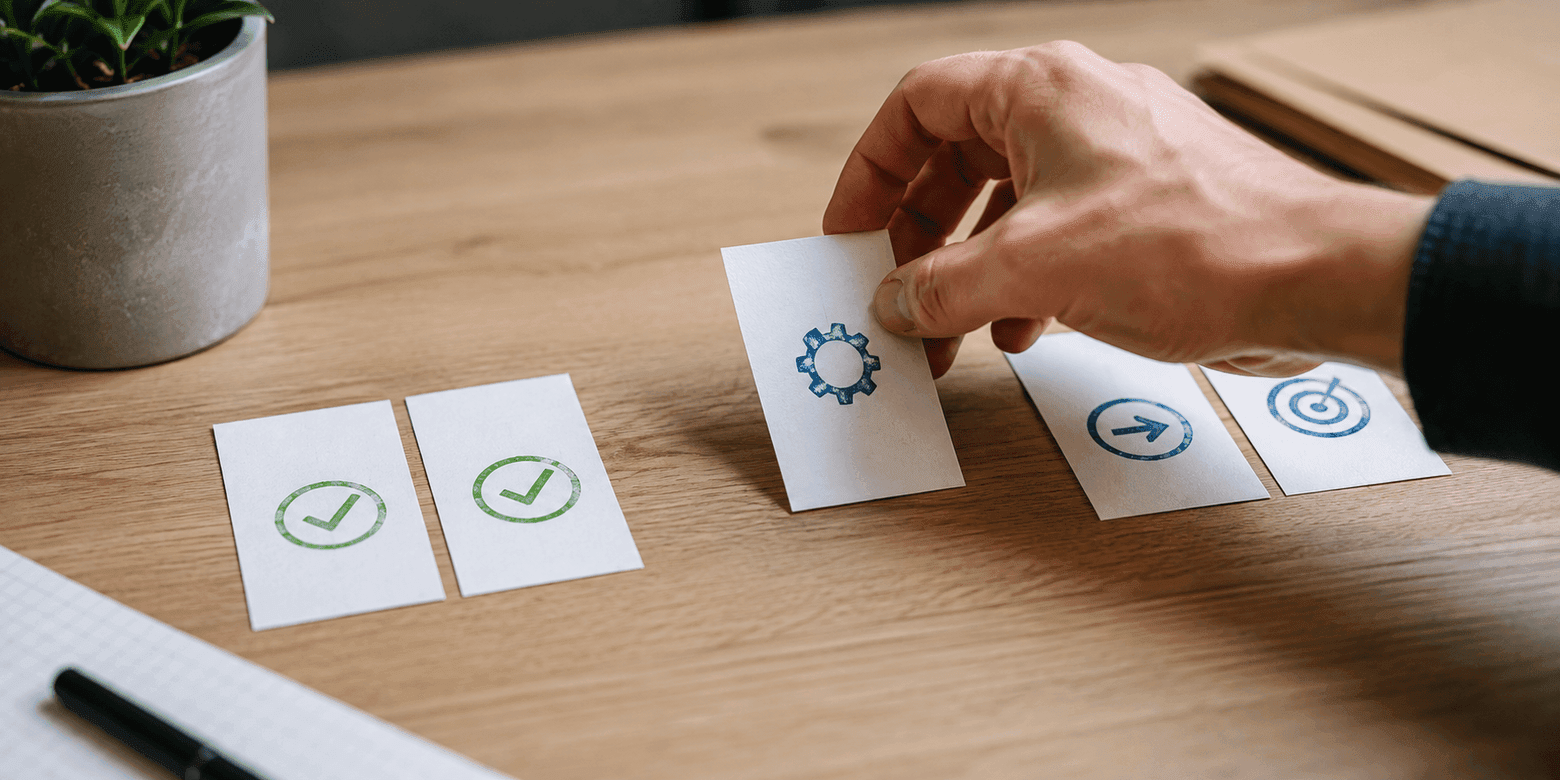 A hand moves a card with a gear icon along a row of stage cards, the two previous ones marked with a green check