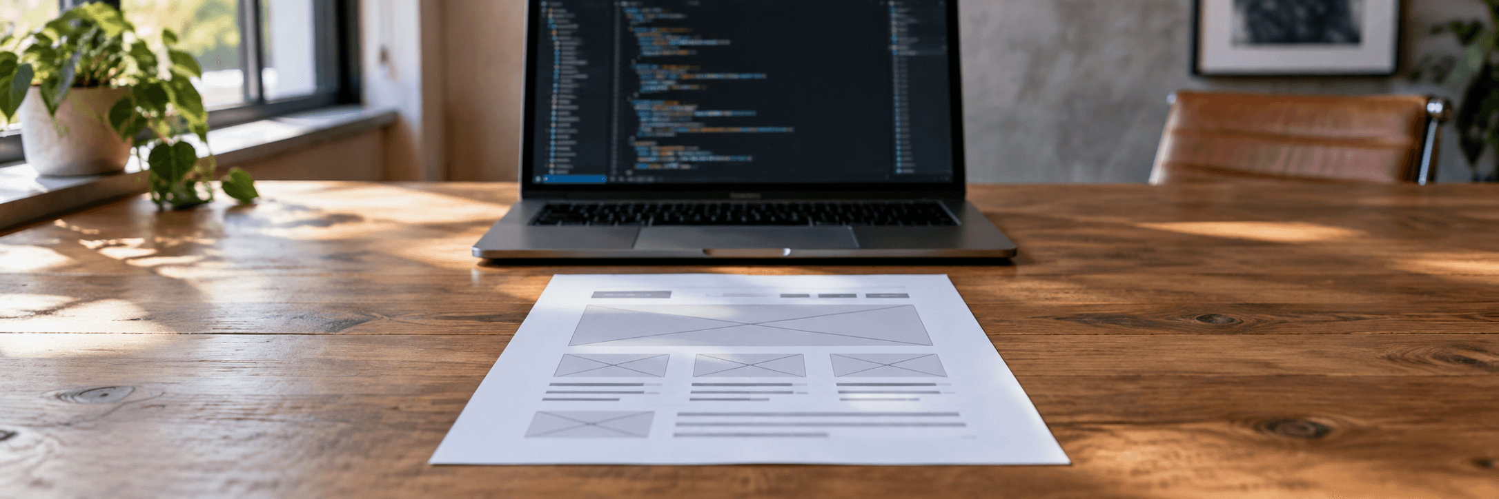 A website wireframe sketch in the foreground, a code screen behind it