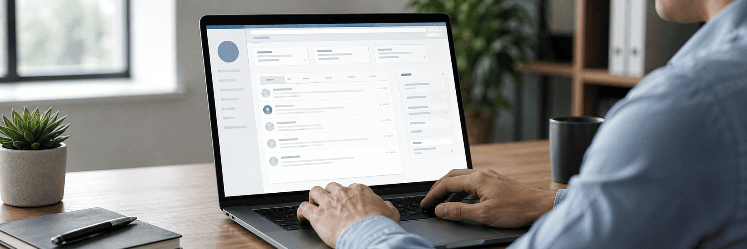 Hands typing on a laptop showing a contact list and conversation history in a CRM system