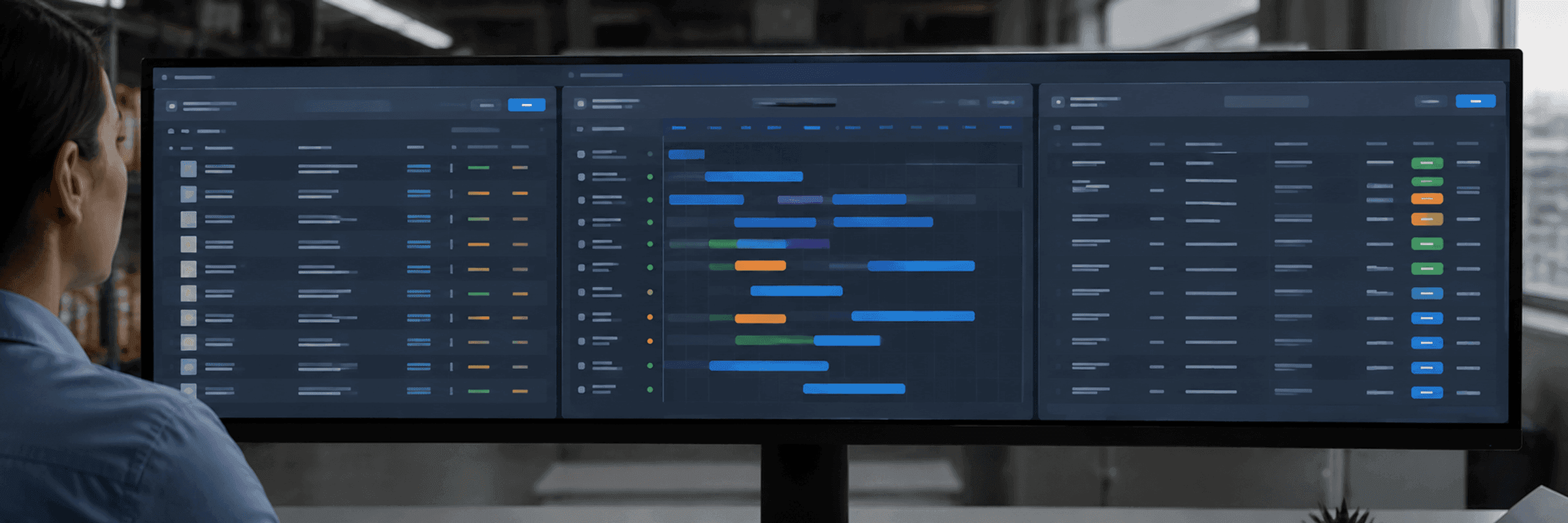 Three panels on one screen — a warehouse list, a production schedule and a sales order list