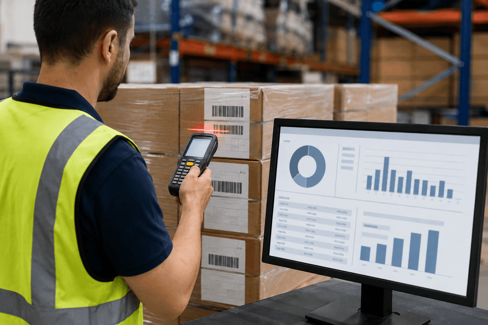A warehouse worker scans boxes with a barcode reader beside a monitor showing updated stock charts