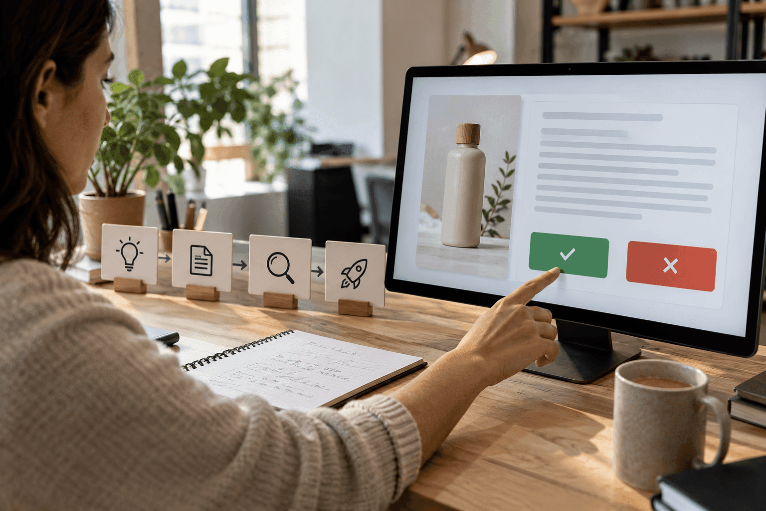 An editor reviewing a drafted product description before clicking an approval button.