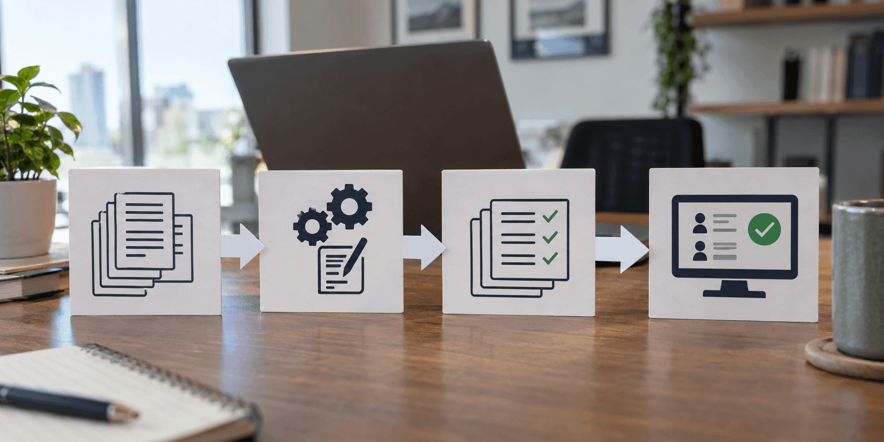 A four-step flow diagram from sample analysis through system build to an approval panel.