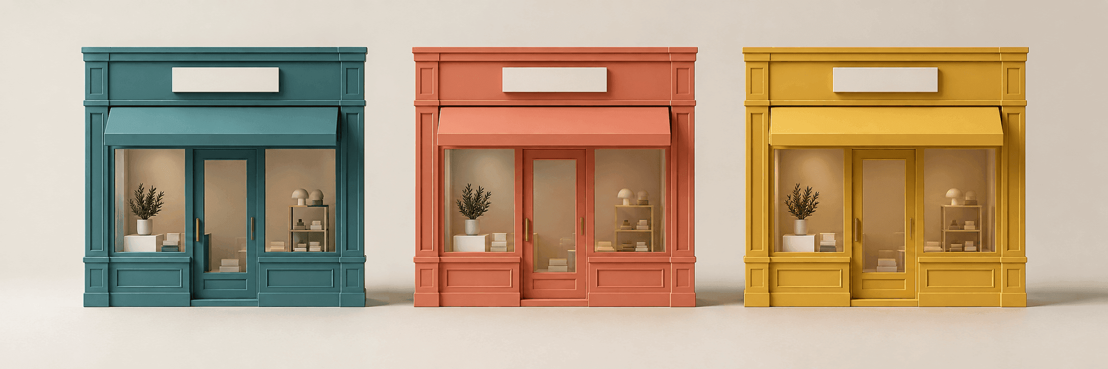 Three identical small storefront icons with peaked awnings, evenly spaced side by side