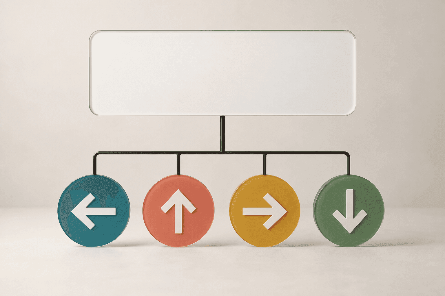 A wide sign bar at the top linked by a line to four small direction arrows below
