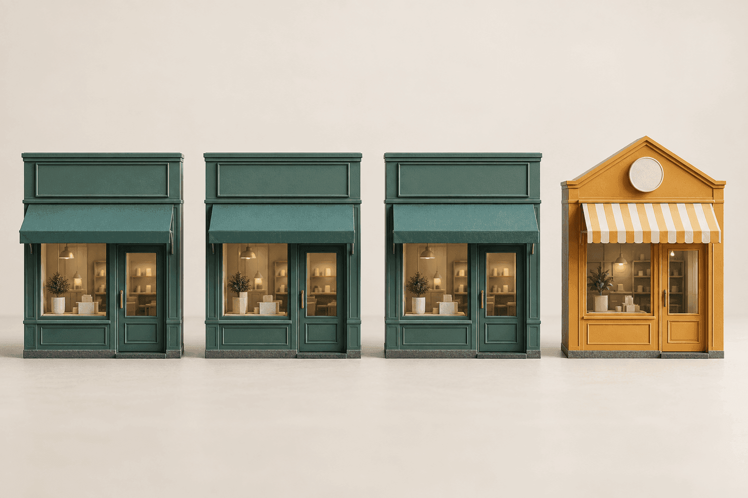 Four storefront icons in a row, three matching in colour, one clearly a different shade