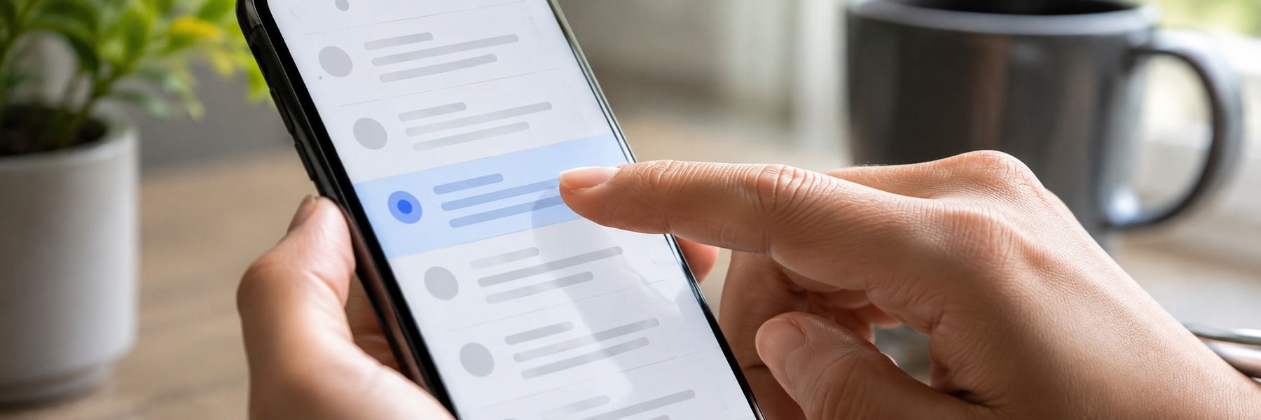 An email inbox on a phone with one highlighted subject line being tapped open