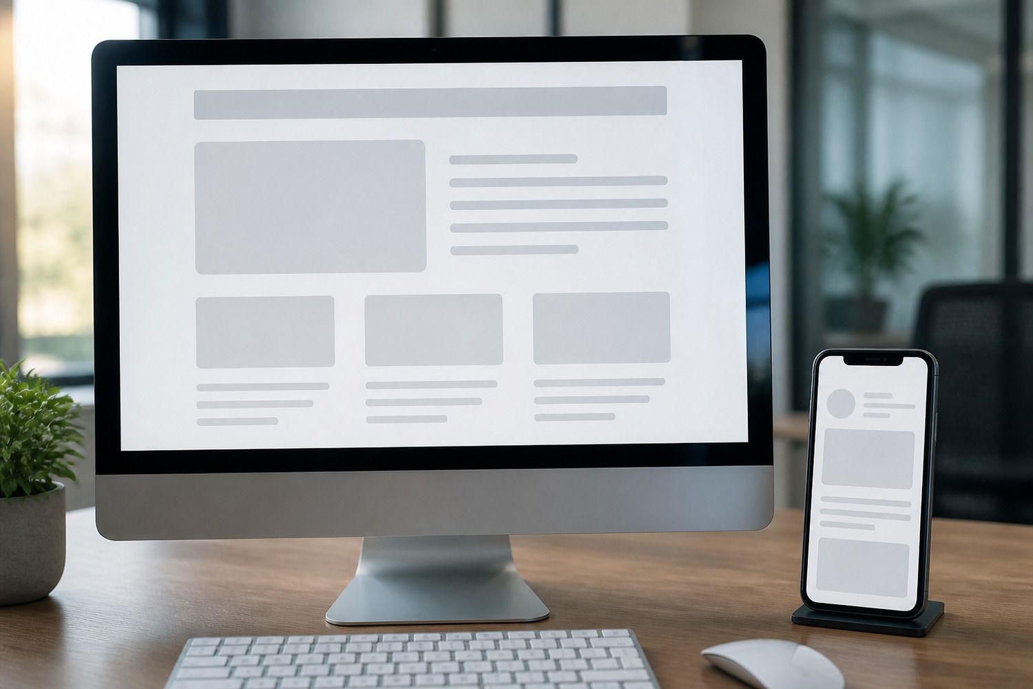 A wide blog page layout beside a narrow email message on a smartphone