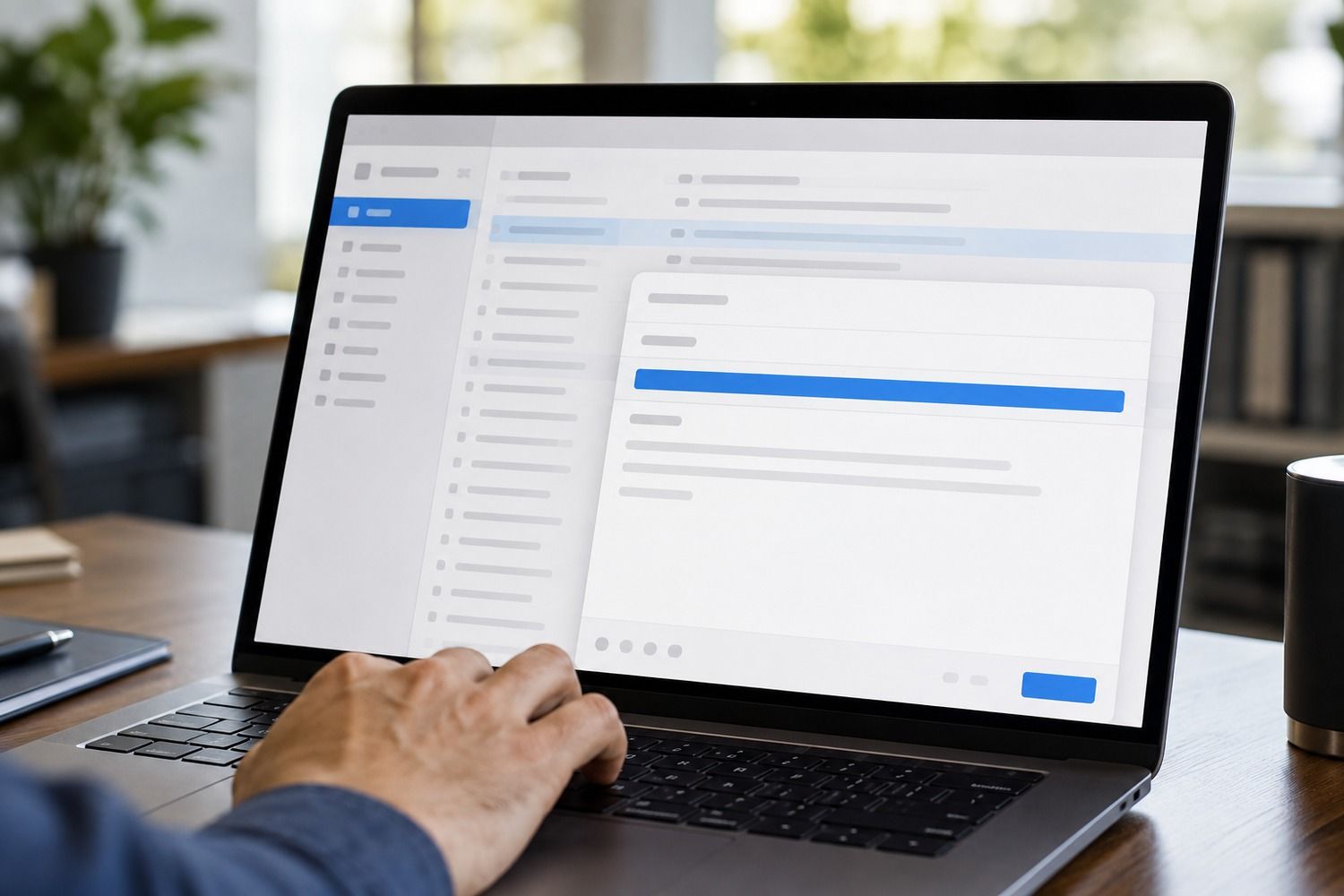 A hand editing an email subject line on a laptop with an inbox list behind