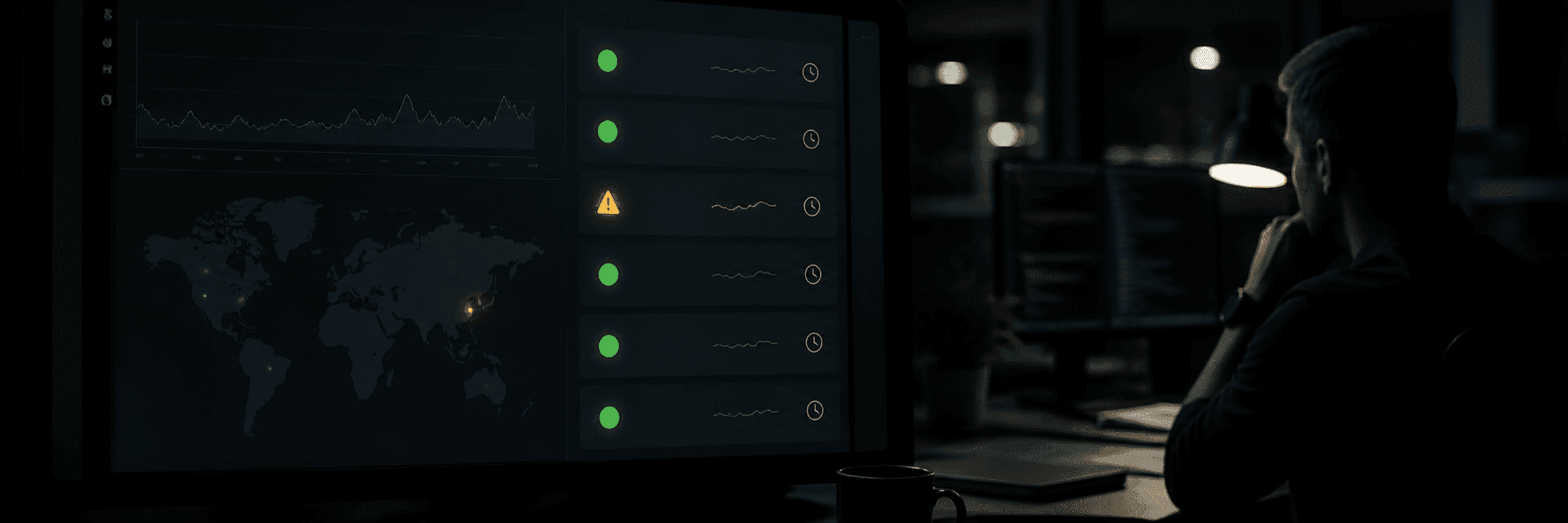 A dark monitoring panel with a status list, one entry shown in orange with a warning icon