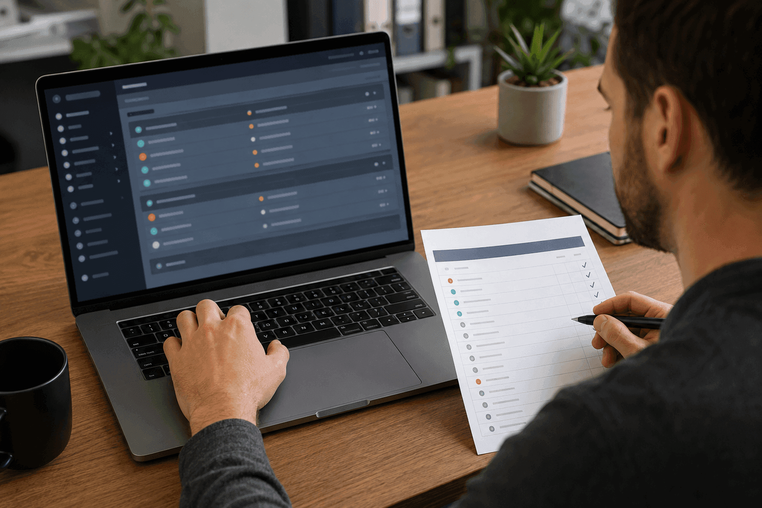 A dark admin panel on a laptop beside a paper checklist being ticked off point by point