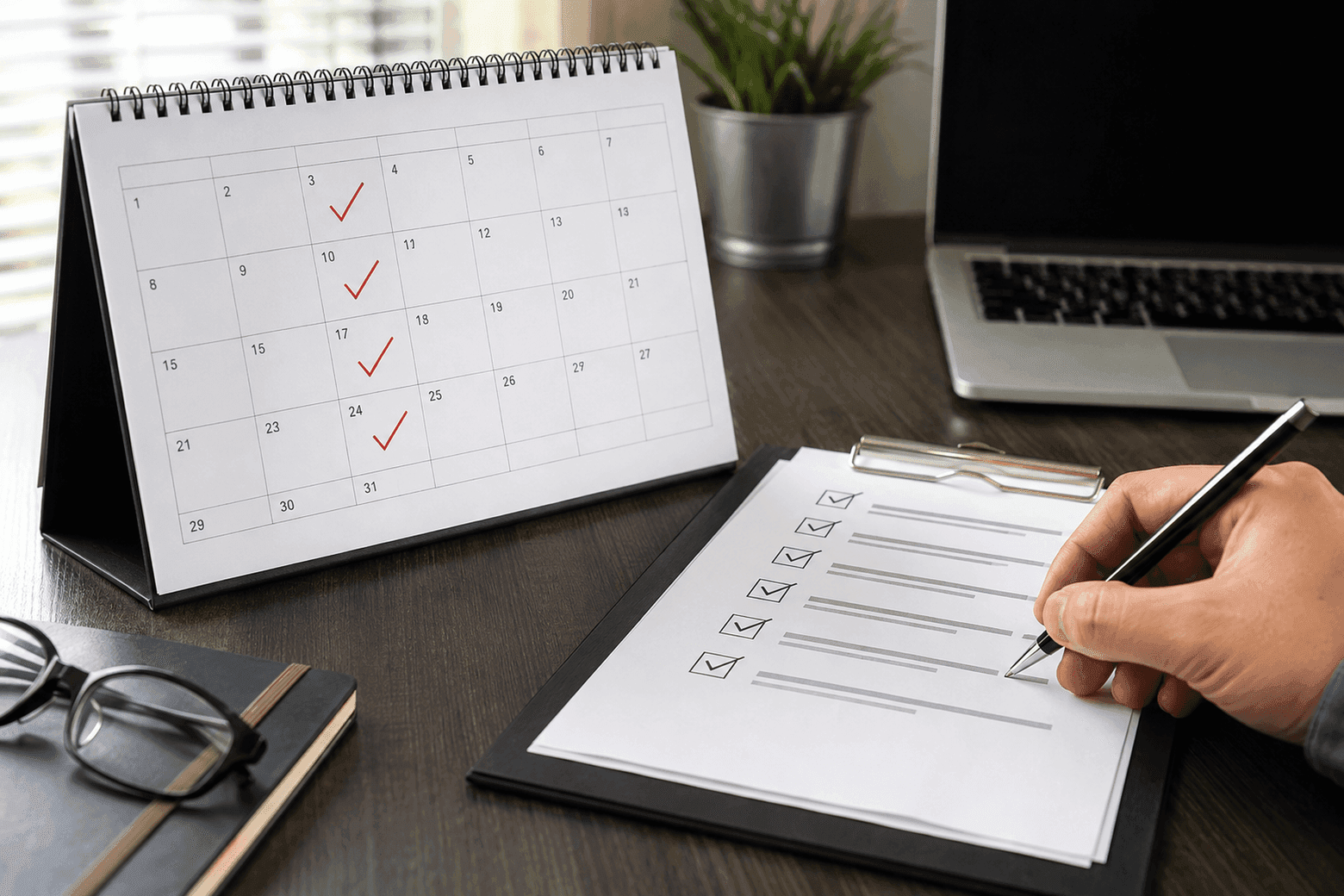 A calendar with four dates ticked off in red at regular intervals, beside a task checklist