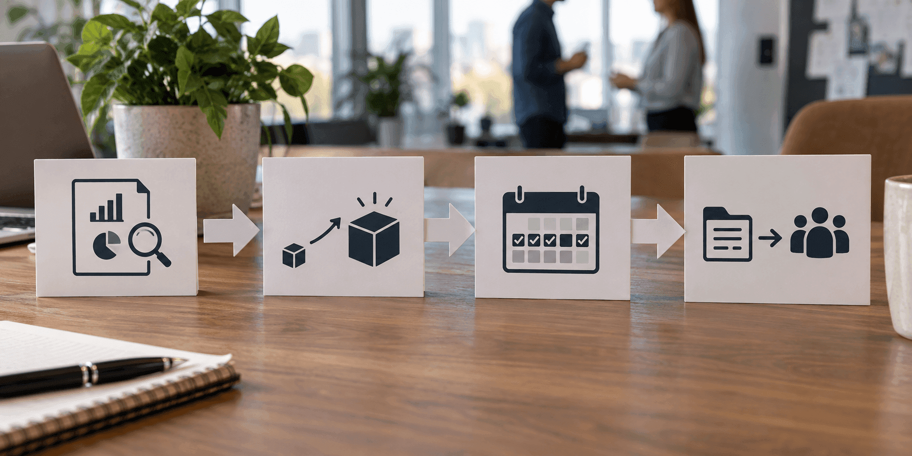 A four-step flow diagram from pilot review through scale-up to documentation handoff.
