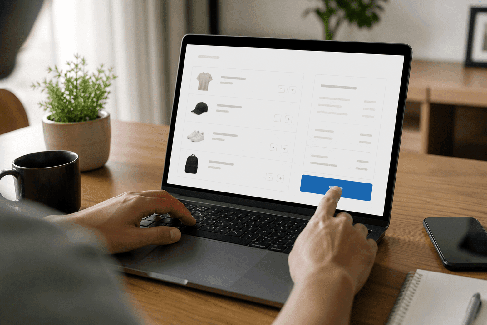 Un doigt appuie sur le bouton bleu de validation de commande au-dessus d'un panier contenant quatre produits