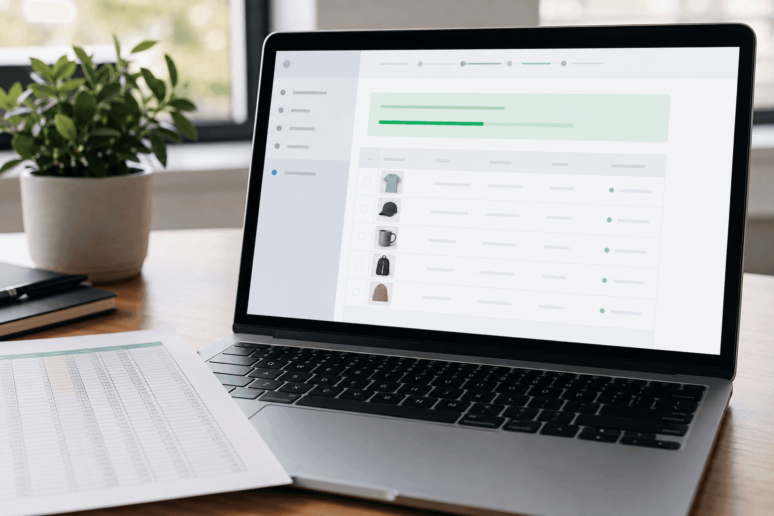 Un écran avec une barre de progression d'import et un tableau de cinq produits, à côté d'une feuille de données imprimée