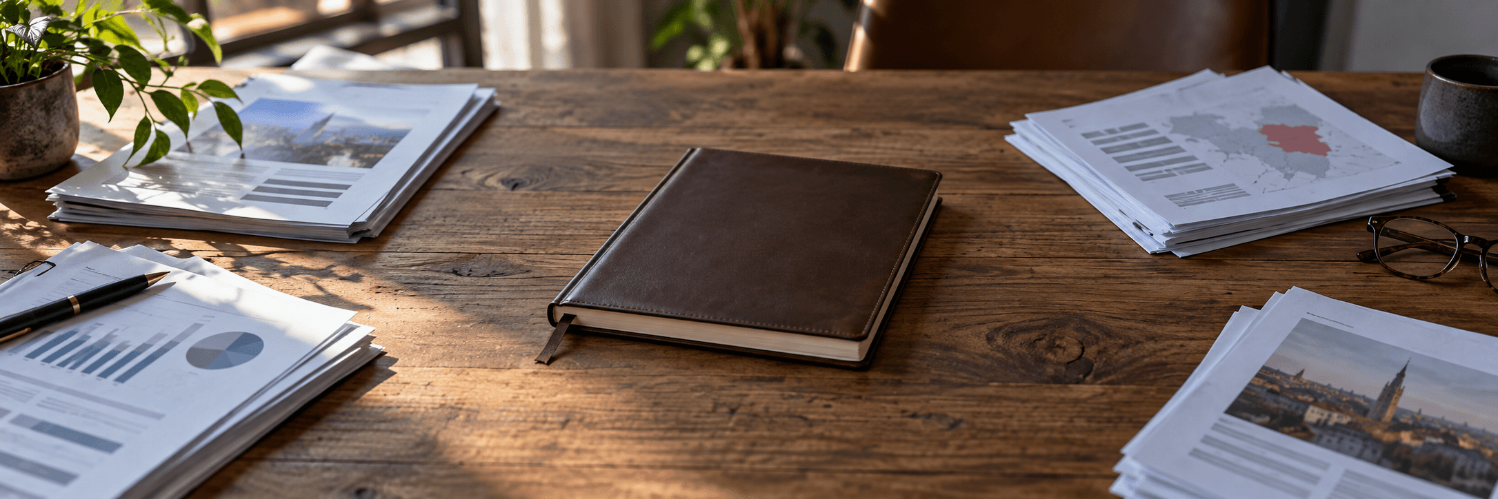 Scattered document stacks around an empty notebook at the centre