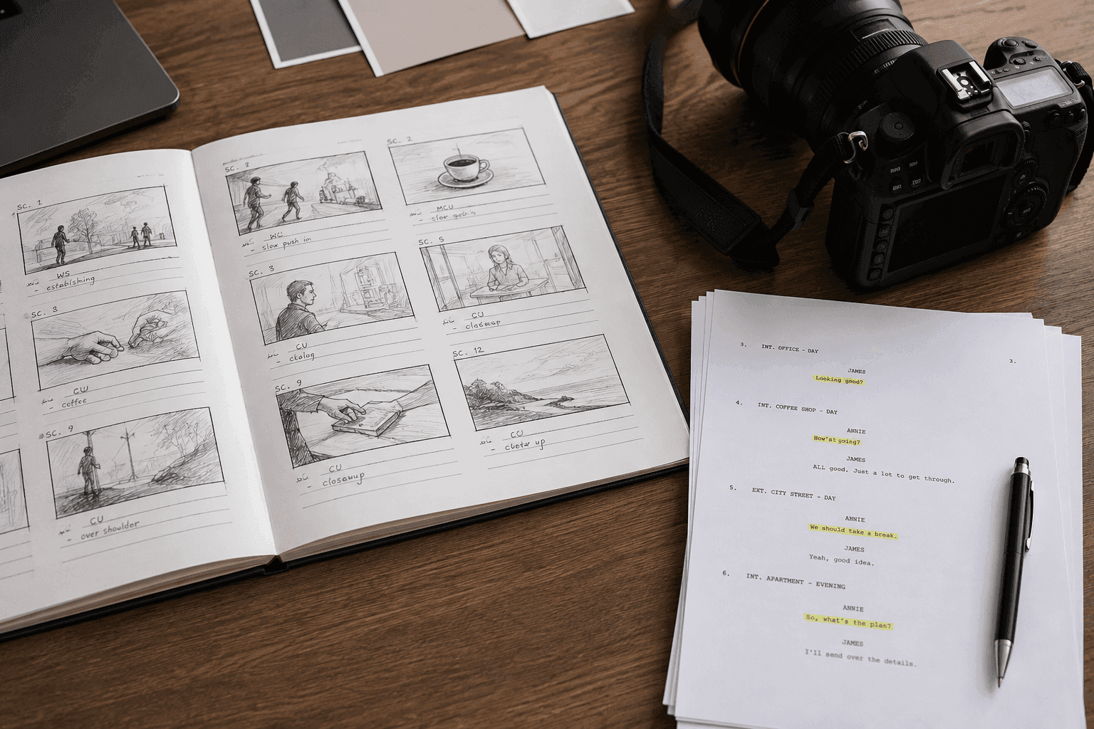 Un storyboard avec des plans esquissés et un scénario sur la table, près d'une caméra pas encore allumée.